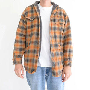 VTG Route 66 Orange And Gray Plaid Fleece Lined Button Up Hooded Sweater  Jacket